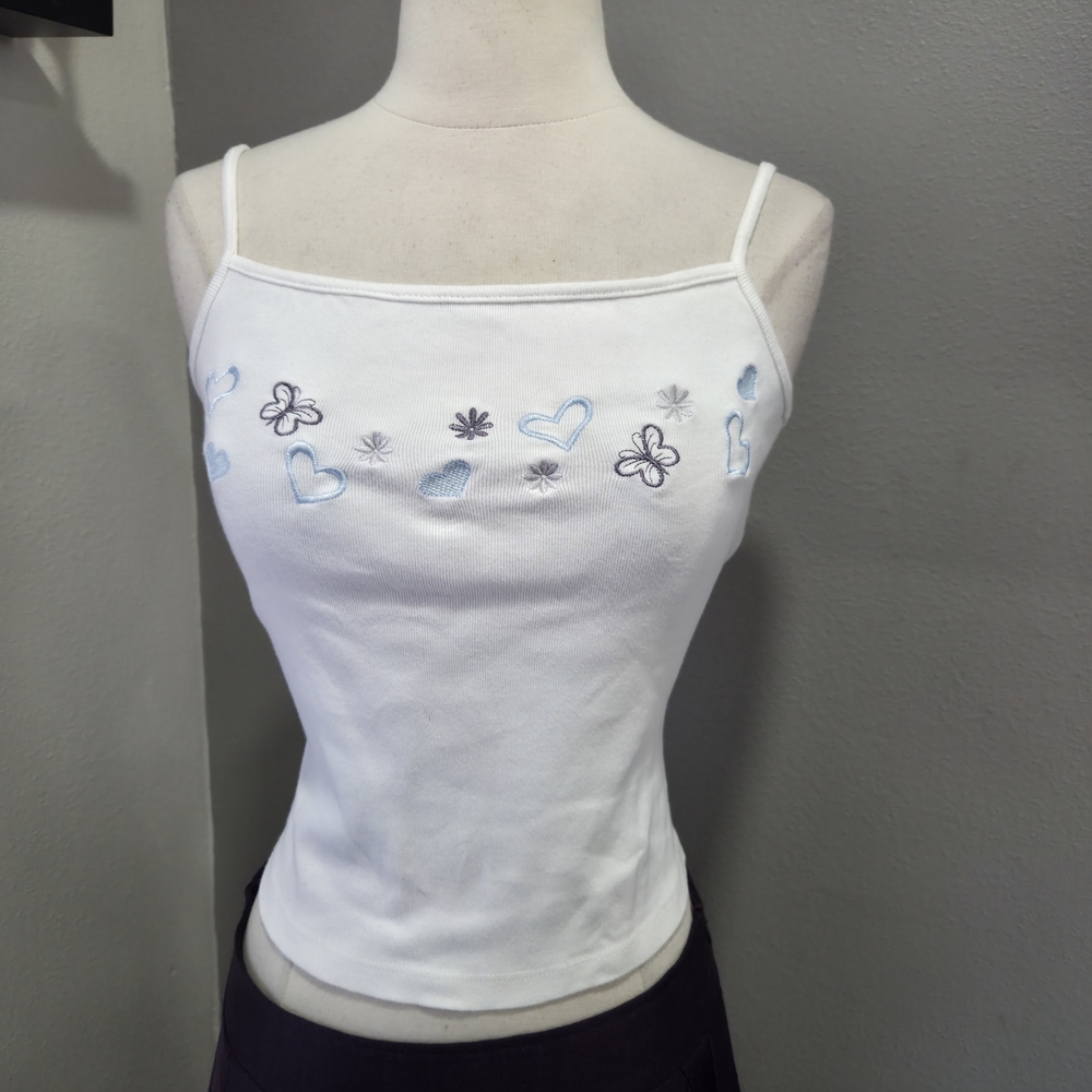 Canali White Camisole with Blue Embroidery